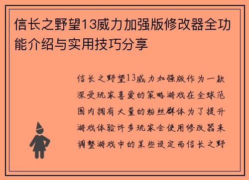 信长之野望13威力加强版修改器全功能介绍与实用技巧分享